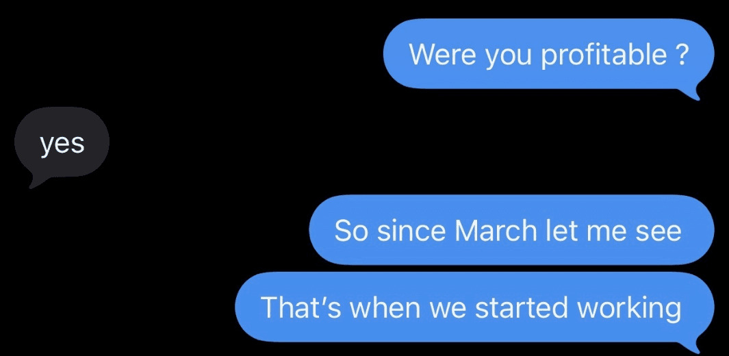 Text message exchange with client Caylo. Asked whether he was profitable, he replies yes, confirming the results date from when we started working in March.